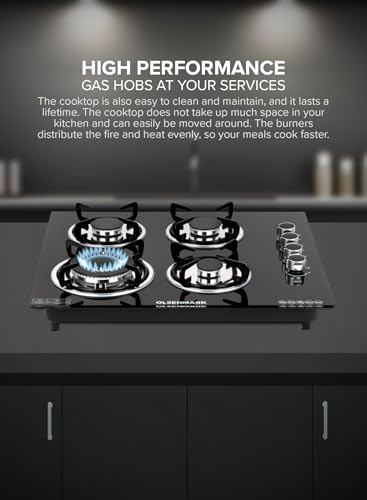 Olsenmark 2 in 1 Built in Gas Hob OMCH1823, 8mm Tempered Glass Top, 4 GAS Brass Burner, Auto Ignition, Thick Pan Support, Bakelite Knobs, Low Gas Consumption
