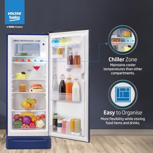 Image of Voltas Beko, A Tata Product 183 L, 4-Star Single Door Direct Cool Refrigerator with Fresh Box Technology (2026 Model, RDC215A / 4W0BBR0M0B00GO, Bonita Blue, Base Drawer)