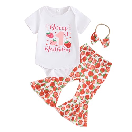 Image of Frietlebird First Birthday Outfit Baby Girl Letter Strawberry Romper Bell Bottoms Pants 1st Birthday Girl Outfit