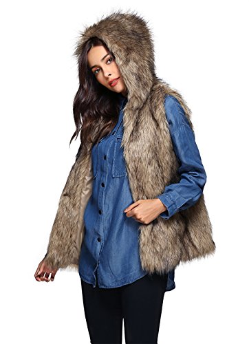 Escalier Womens Warm Faux Fur Vest Hooded Waistcoat Sleeveless Jacket Outerwear M Khaki