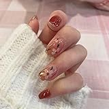 IMSOHOT Squoval Press on Nails Short Square Fake Nails Red Flowers False Nails with Designs Cute...