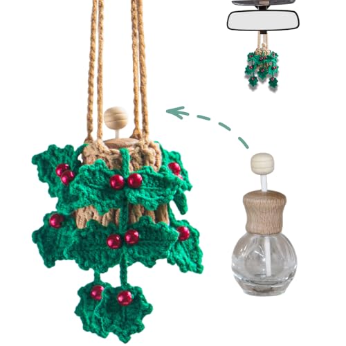 Image of ROFIGL Handmade Crochet Car Air Freshener - Crochet hanging holly plants with 12ml Empty Refillable Oil Diffuser Bottle, Green Car Accessory for Mirror Decor and Home Decor