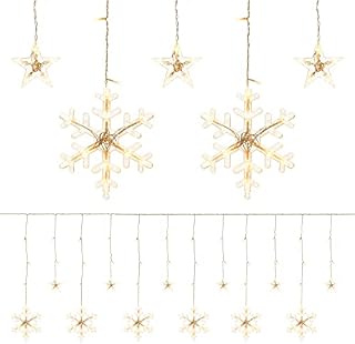 OSALADI 1Pcs Snowflakes LED Curtain Lights 7. 2Ft Christmas Window Curtain String Lights Battery Operated Waterproof Xmas Decorative Star Lamp for Outdoor Indoor Bedroom Decorations  Warm White 