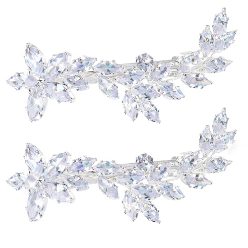 ANBALA 2Pcs Small Rhinestone Hair Clips, Silver Hair Clips for Women Crystal Hair Barrettes Wedding Hair Accessories (Flower&amp;Leaf)