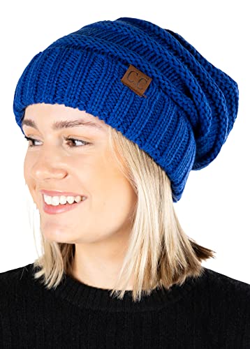 Funky Junque Slouchy Beanie for Women – Warm Winter Hat, Soft Chunky Cable Knit Oversized Slouch Beanies for Cold Weather, Cozy Stylish Fashion Hats - Royal Blue