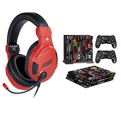 Image of Bigben official Sony licensed Stereo Headset for PS4, PC,Smartphones and Tablets (Red)+Fox MicroPS4 Pro Console Graffti Rock Band Music Skin Decal Vinal Sticker & 2 Controller Decal Vinyl Protective