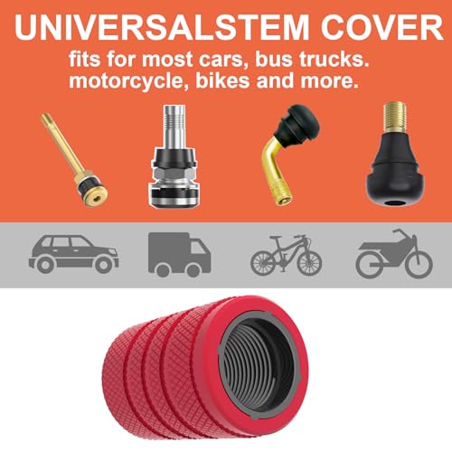 Image of Tire Valve Stem Caps, Black, 6 pcs /Pack, Anodized Aluminum Tire Valve Cap Set, Corrosion Resistant, Universal Stem Covers for Cars Trucks Motorcycles SUVs and Bikes (red)