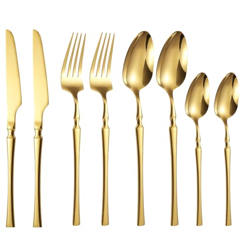 Image of aDai Aurum Gold Silverware Set | Satin Finish 8-Piece Korean Vintage Style Flatware Set | Dishwasher Safe Stainless Steel Cutlery for Home, Restaurant & Gifting