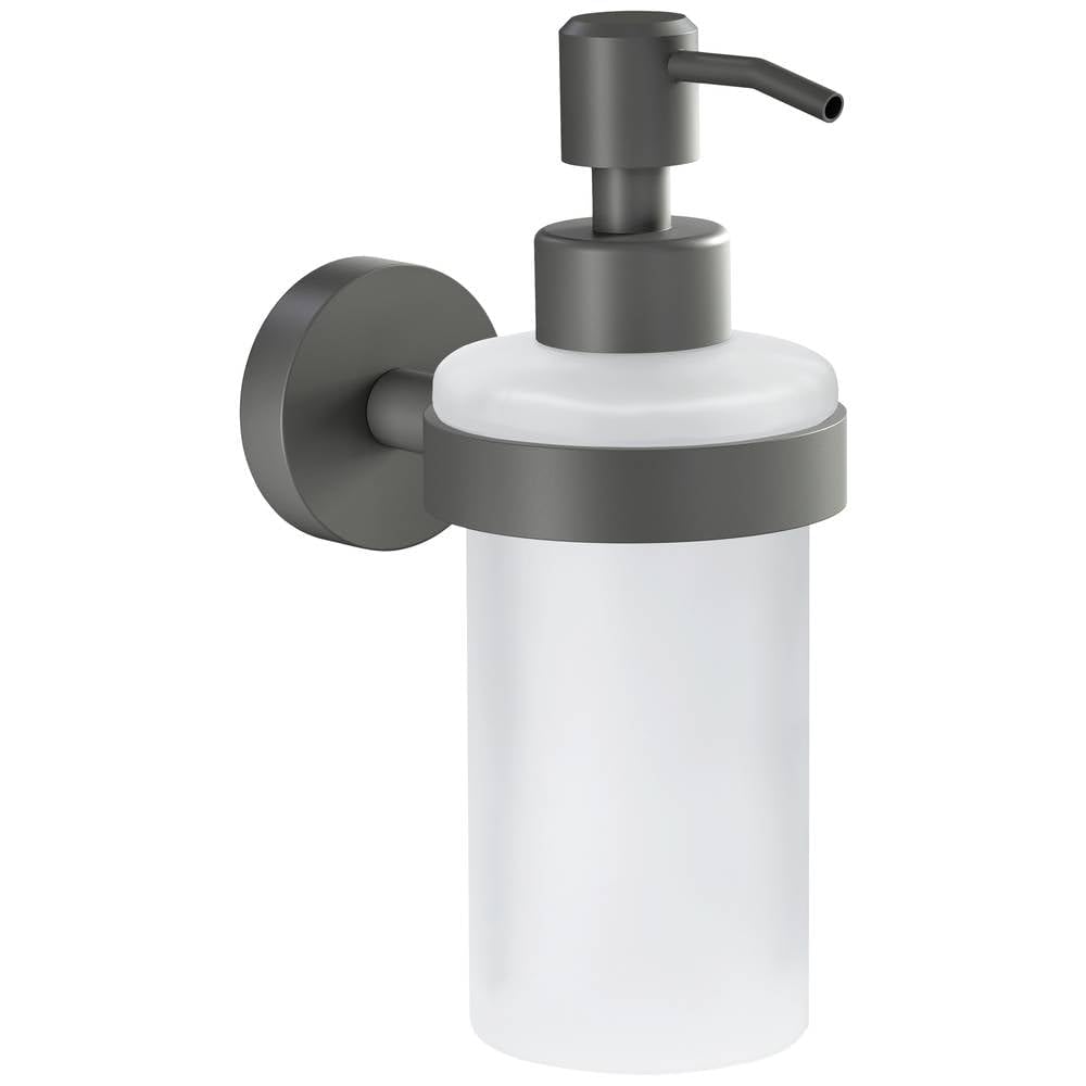 Tesa MOON GREY Dosatore per sapone in vetro satinato, per bagni moderni e in stile industriale - Senza foratura montaggio adesivo - 171 mm x 70 mm x 119 mm - 200 ml - Grigio opaco