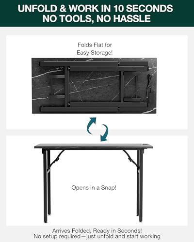 Image of Frylr Small Folding Computer Desk - 43.3 Inch Portable Table for Craft and Study, Lightweight Desk for Small Spaces, Foldable Laptop Table Built-in AC /USB Outlets for Convenience, Marble Greige