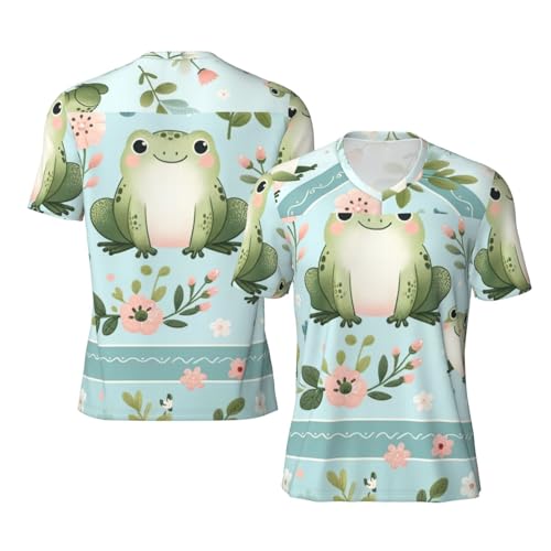 Stylish Athletic Sports Jersey Cartoon-Cute-Frogs-Flowers Men's Rugby Jersey Small