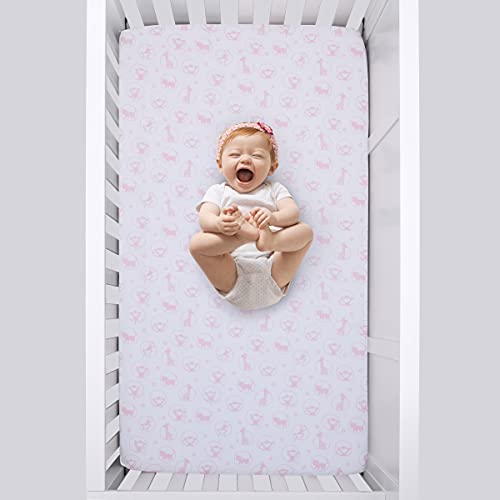 Nojo Sweet Jungle Friends Pink, White & Tan, Monkey, Cheetah & Giraffe With Polka Dots & Flowers 3Piece Nursery Crib Bedding Set - Comforter, Fitted Crib Sheet, & Crib Skirt, Pink, White, Tan #TOP6