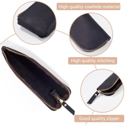 Image of GORGECRAFT Slim Crazy Horse Genuine Leather Pencil Case Portable Zippered Pen Case Ultra Slim Soft Pen Bag Retro Minimal Cosmetic Pouch Pencil Organizer Stationery Bag for Pens Adults Xmas Gift, Black