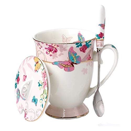 Krysclove Vintage Ceramic Tea Cup Coffee Mug With Lid And Spoon Set, Royal Fine Bone China Mugs (Pink) #TOP26