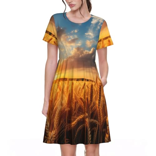 Countryside Farm Print - Vestido midi de manga corta para mujer, lindo vestido casual para fiesta en la playa, cuello redondo, Negro -, XL