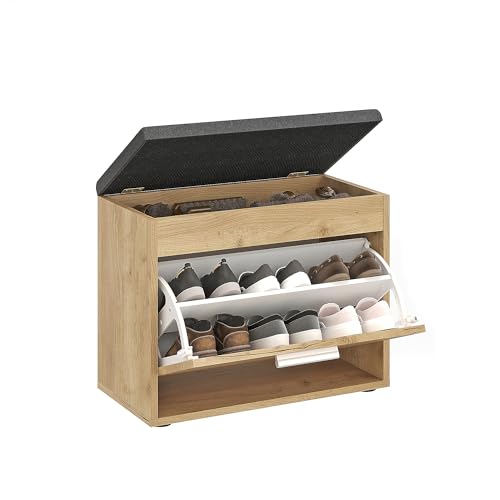 Komto Banc Chaussures Entrée avec Assise Chêne Doré – Banc de Rangement avec Abattant, Meuble a Chaussures avec Coussin, pour Entrée, Couloir ou Chambre...