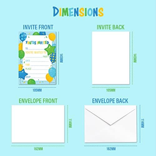 32 Kids Childrens Birthday Party Invitations with Envelopes Invitation Blue Pack of 32 Balloon Invites - Designed and Printed in the UK