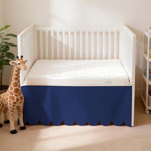 100% Cotton Scallop Edge Crib Bed Skirt, 28"x 52" with 14" Drop, 4-Sided Soft Breathable Cotton Bedding Skirt for Baby Boys Girls, Elegant Vintage Chic Boho Nursery Decor Toddler Bedskirt