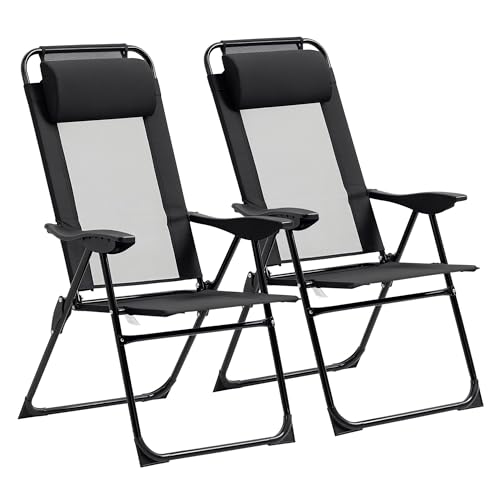 Outsunny Lot de 2 chaises de Jardin Set Basic de 2 chaises Pliantes Chaise de Camping Chaise de Balcon accoudoir Dossier réglable en 5 Positions Oreiller Amovible fourni Tissu Oxford textilène Noir