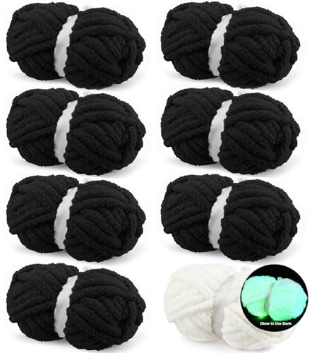 FOITLE Chunky Chenille Yarn for Hand Knitting Bulky Thick Fluffy Yarn for Crocheting Soft Plush Blanket Scarf DIY Glow in The Dark Yarn 8 Jumbo Pack (220 yds 64 oz) Black