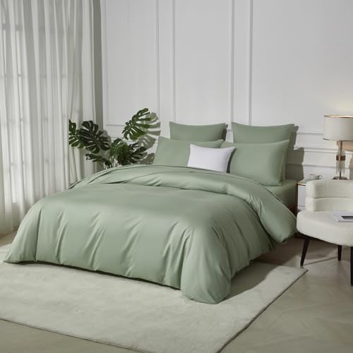 YASMENG 100% Cotton Duvet Cover Queen Set Sage Green Luxury