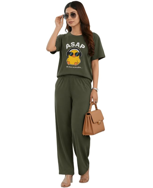 Women's Pure Cotton Top and Pyjama Co-Ord Set | ASAP Graphic Printed Night Suit | Regular Fit Half Sleeve Round Neck T-Shirt with Pajama Sleepwear Loungewear Set (Olive, M)-image-38