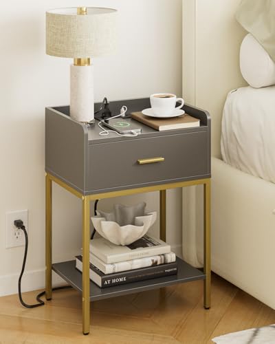 Image of Masupu Nightstand with Charging Station,3-Tier Modern Bedside Night Stand with Storage Drawer and Shelf,Small End Side Table for Bedroom,Living Room,Grey