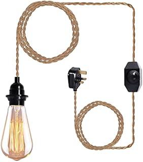 Yewclls 15FT Vintage Plug in Pendant Light Cord Hanging Light Dimmer Switch Kit DIY with Twisted Nylon Rope, Industrial Ceiling Pendant Lighting E26 E27 Socket for Farmhouse Kitchen Cable