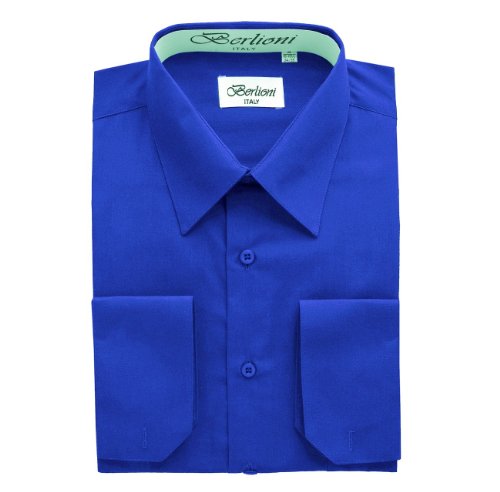 Berlioni Italy French Convertible Cuff Solid Mens Dress Shirt (XL (Neck 17-17 1/2) (Sleeve:36/37)) Royal Blue
