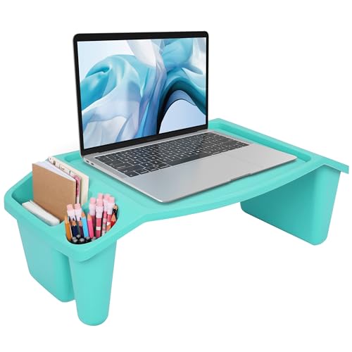 BELLE VOUS Escritorio Portatil Azul Multiusos con 3 Compartimentos - Mesa Ordenador Regazo con Bolsillos Laterales - Bandeja Portatil para Servir Desayuno, Leer, Libretas, Videojuegos y Más