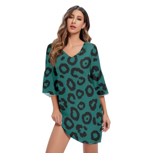 Robe de cocktail manches 3/4 col en V imprimé animalier bleu sarcelle