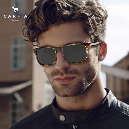 Image of CARFIA Acetate Curved Polarized Sunglasses for Men UV Protection, Retro Cool Driving Eyewears with Embossed Pattern Wire Core