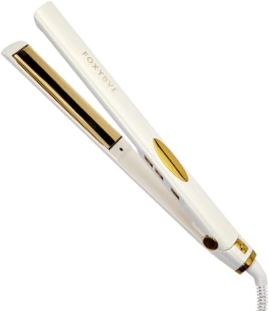 FoxyBae Trés Sleek Titanium Flat Iron Hair Straightener - Frizz-Free, Shinier & Smoother Hair - Dual Voltage Hair Styling Tools - w/LCD Display, Temperature Control, Auto Shut-Off 1" [Pearl Gold]