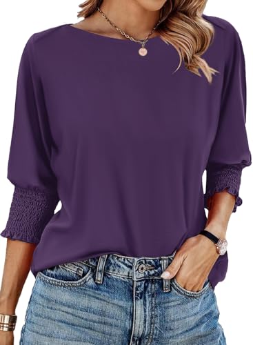 IECCP 3/4 Length Sleeve Womens Tops Summer 2025 Fashion Trendy Boat Crew Neck Smocked Work Dressy Casual T Shirt Blouses