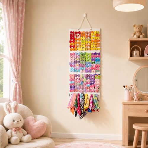 Image of HASTHIP Hair Accessories Organizer for Girls Bow Hair Clip Storage Hairband Organizer 3-Layer Large Capacity Wall Hanging Bows Holder Displaying Rack for Baby Girl Kids Women-White