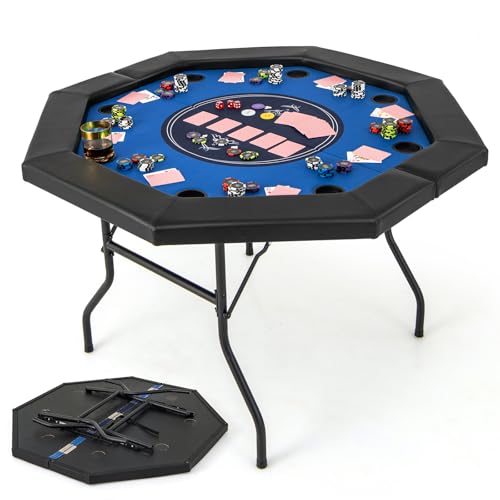 COSTWAY 8 Player Foldable Poker Table 130cm/48 Inches Blackjack Texas Holdem Poker Tables with 8 Cup Holders Padded Rails Portable Octagon Card Board Game Table (Blue+Black)
