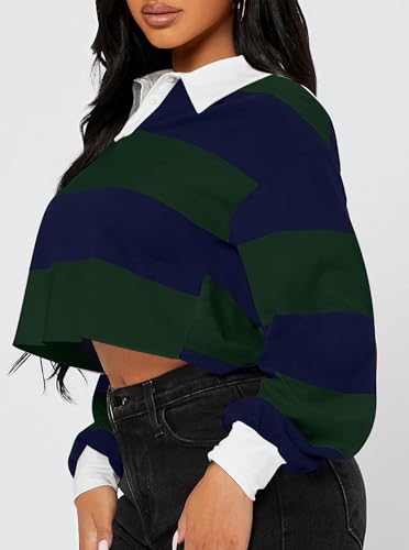 LovelyWholesale Women Striped Cropped Sweatshirts Polo Collar Long Sleeve Crop Tops3