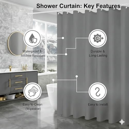 Image of CASA-NEST Waterproof Fabric Shower Curtain, Size 72x78 Inch, Single PC Packing, Hotel Quality Bathroom Curtain (Grey)
