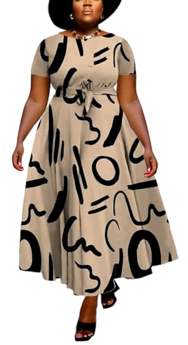 Image of Hostoyo Women Plus Size Formal A Line Maxi Dress Self Tie Waist with Pockets Elegant Round Neck Swing Long Dresses
