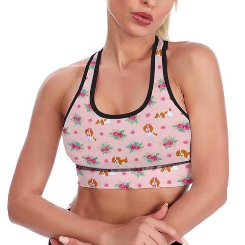 Women Girls Yoga Bras Racerback Cozy Camisoles with Pads Compress Quick Dry Sportswear for Sports Workout, Cavalier King Charles Spaniel Pink Floral Dog