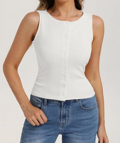 Image of Belle Poque Womens Button Down Tank Tops Ribbed Summer Vest Slim Fit Crop Going Out Tops Open Front Sleeveless Y2K Clothes