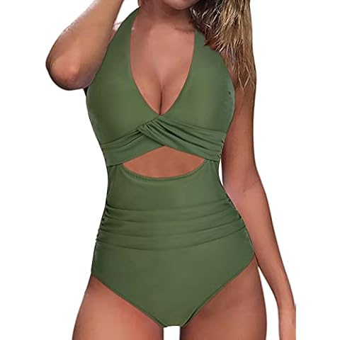 OMKAGI Women V Neck Cutout One Piece Swimsuit Twist Ruched Tummy Control Swimming Costume Cross Back Swimwear(L,Army Green) Cover