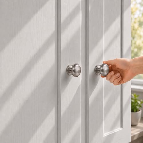 Image of trust4care 4-Pack Brushed Satin Nickel 1.5 inch Bifold Closet Cabinet Knob Pull | Large Wide Base Zinc Round Kitchen Cabinet Wardrobe Dresser Dummy Doorknobs, Furniture Pantry Sideboard Buffet Drawer Handles