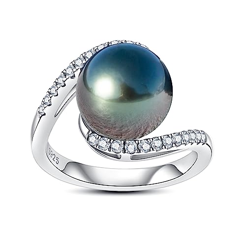Genuine 10-11MM Tahitian Black Pearl Ring, AAA Quality Handpicked Nature Pearls with 0.36 cttw Moissanite,18 White Gold Plated Sterling Silver Ring