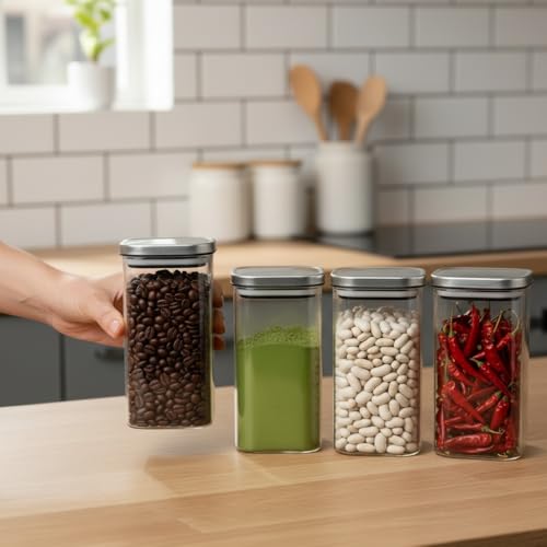 Image of ginoya brothers Airtight Borosilicate Glass Square Jar With Wooden Or Steel Lid Multi-Size, Container for Spices, Coffee, Grains, Snacks & Kitchen Organization (4, STEEL LID, 420 ML)