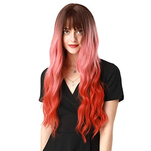 Long Wavy Wigs with Bangs 26" Ombre Pink Curly Synthetic Hair Soft Costume Cosplay Full Wig for Halloween Women Girl