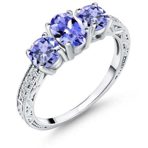 Gem Stone King 1.79 Cttw Blue Tanzanite 3-Stone Ring In 925 Sterling Silver | Gemstone Birthstone | Three Stone Wedding Engagement Ring For Women | Available in size 5, 6, 7, 8, 9