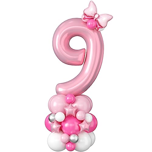 Image of 40 Inch Pink Number 9 Balloon Tower 9th Birthday Decorations for Girls