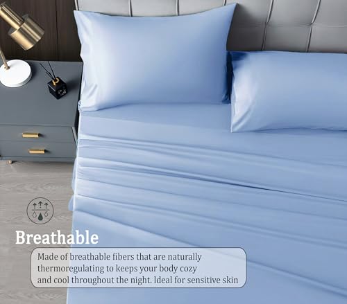 Image of RD TREND Microfiber Satin Weave Fitted Bedsheets for Queen Size Bed 78x60x10 Inch with 2 Pillow Covers-18x28 Inch | 400 TC All Around Elastic | Sky Pearl