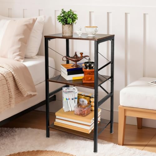 WRINGKIT 3 Tier Tall End Table, 30'' Height Small Telephone Table Stand, Narrow Wood Side Table with Shelves, Industrial Nightstand for Living Room, Bedroom, Office, Hallway, Rustic Brown